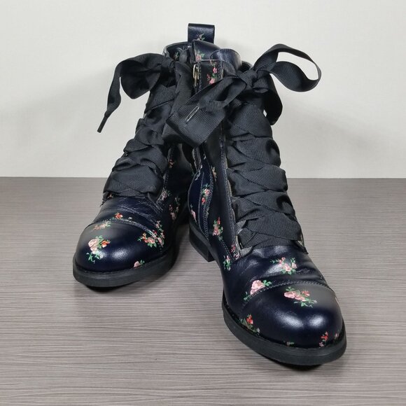 BP Floral Combat Boots with Ribbon Laces, Navy, Womens Size 6.5 - Picture 4 of 13